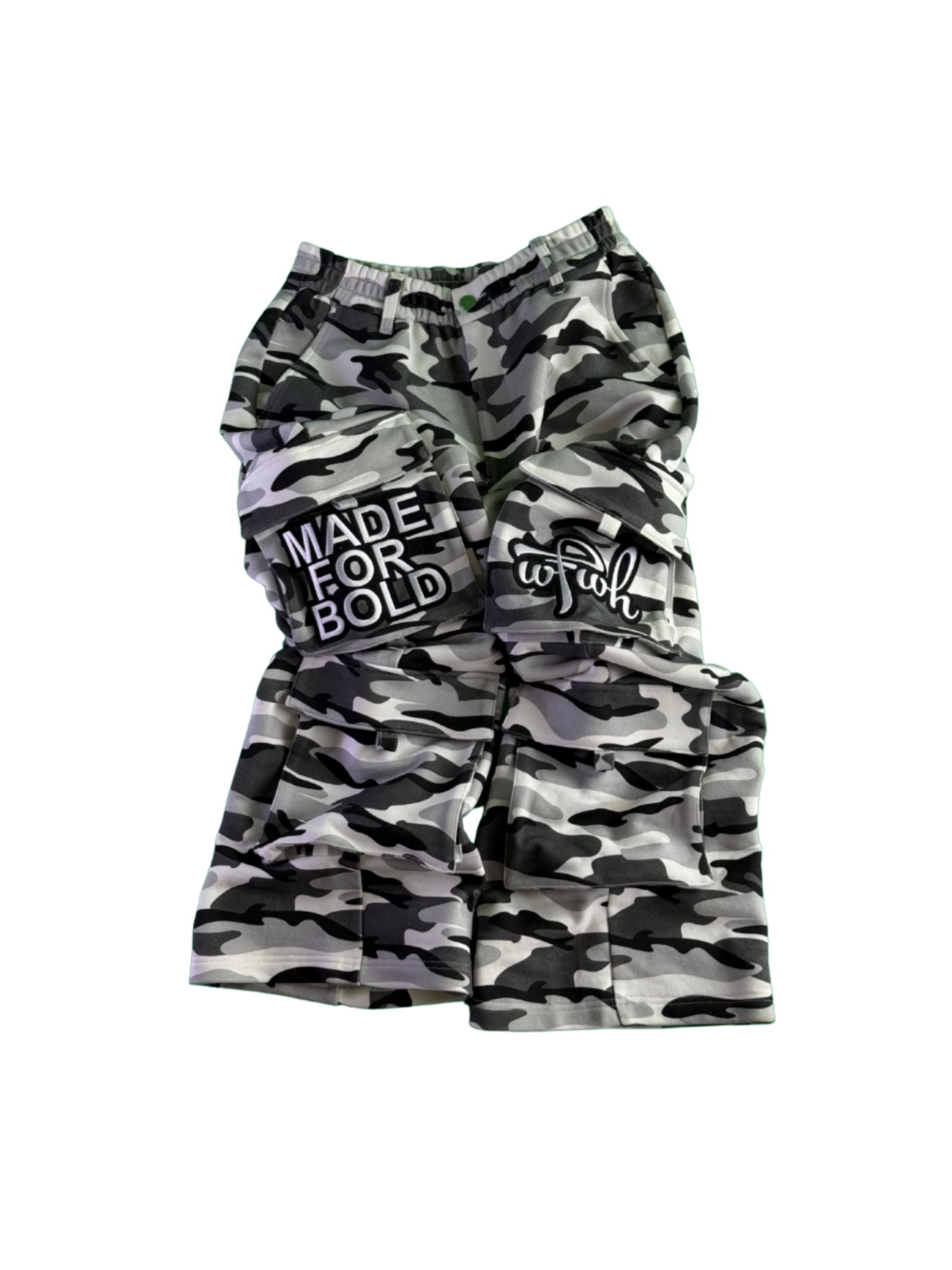 wfwh Camouflage-patterned hip hop pants on a white background