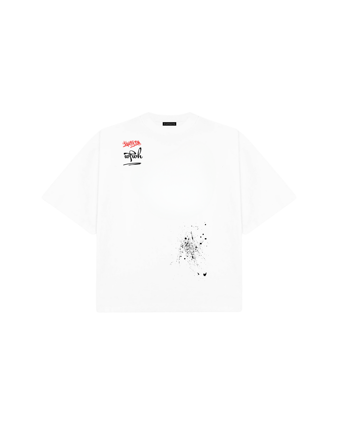 wfwh t-shirt with black and red graphic design on a white background
