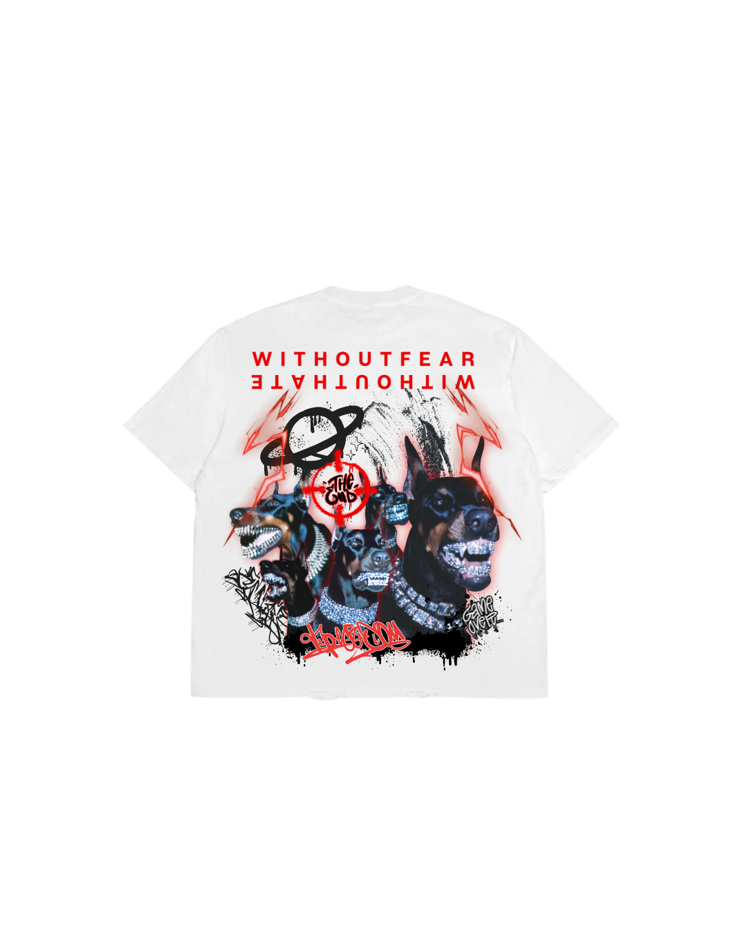 hip hop t-shirt with graphic design of dogs with grill and text 'Without Fear Without Hate' on a white background